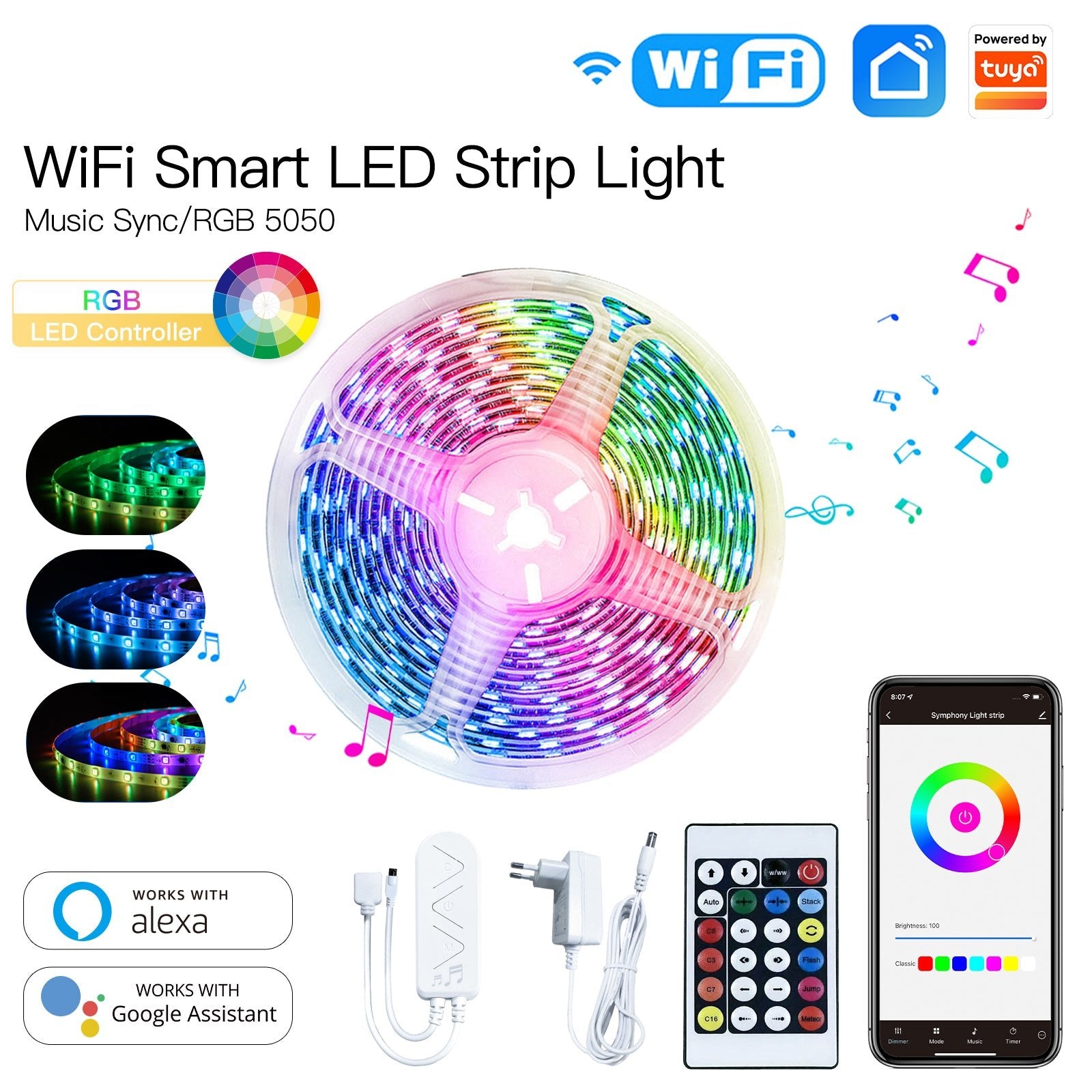 MOES WiFi Smart LED Light Strip RGB Strip Light 5050 Controller Party Music Sync Mic Sound Color Changing LED Strips with Remote、mySite、fannypackpong