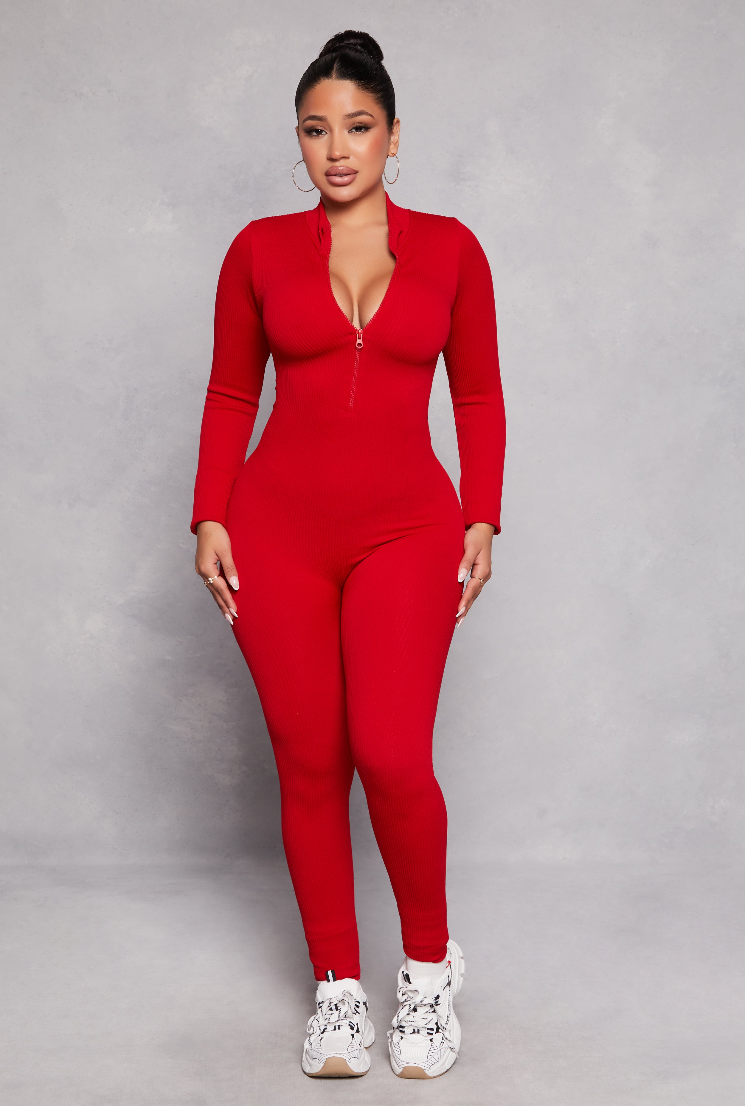 Ribbed Knit Half Zip Long Sleeve Catsuit、mySite、camillekostekn