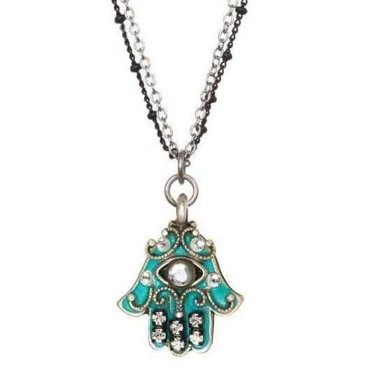 Michal Golan Green and Silver Hamsa Necklace with Evil Eye on Double Chain、mySite、topwebapps