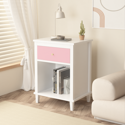 26.77''H Wooden Nightstand with One Drawer One Shelf for Kids, Adults, White+Golden handle、、casual
