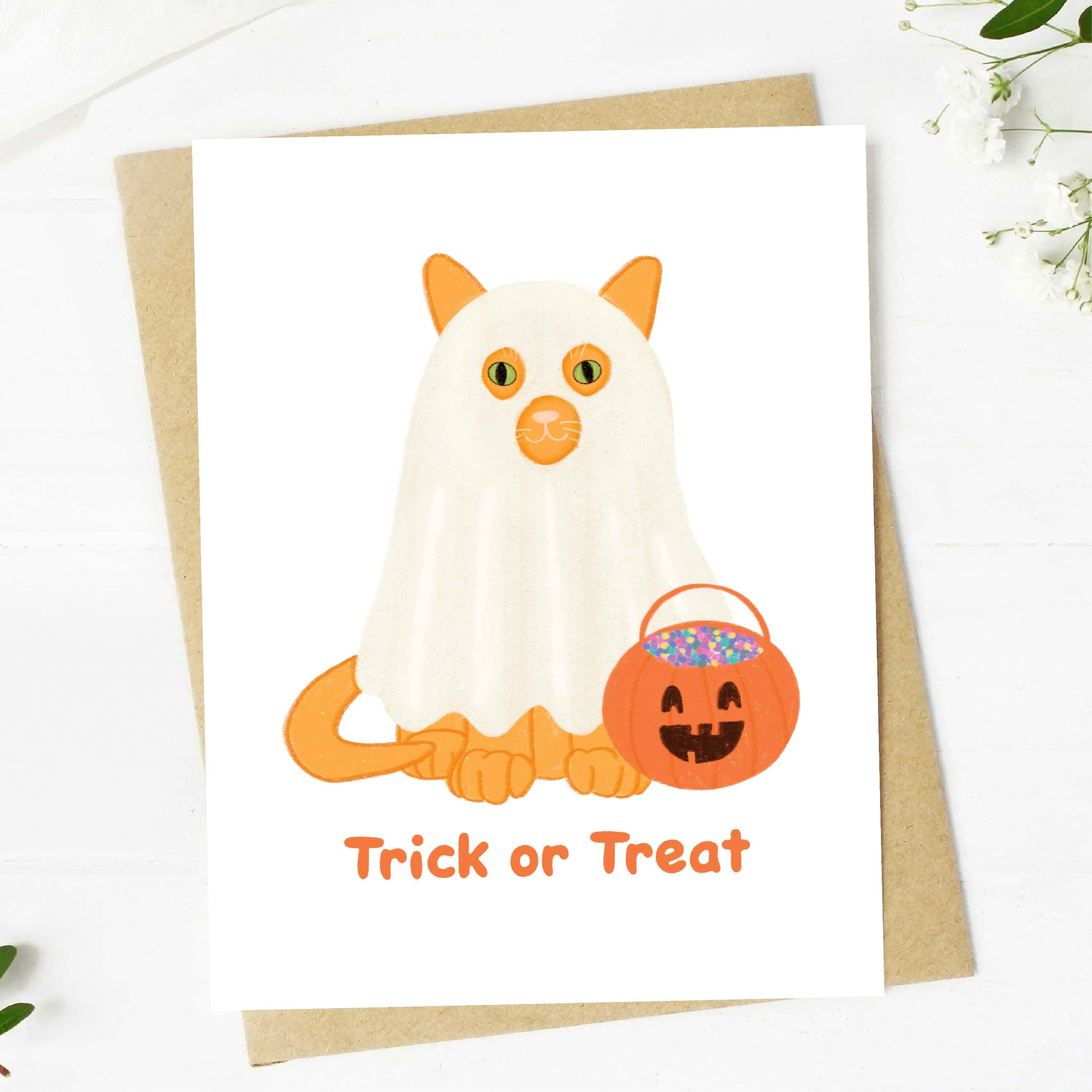  Trick Or Treat Cat Ghost Halloween Card、mySite、elrpsem3k