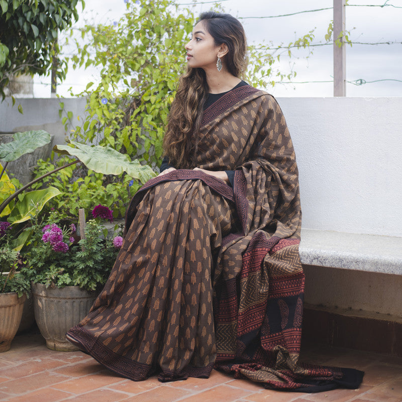 Festive Wear | Handblock Printed Chanderi Brown Saree、mySite、camillekostekn