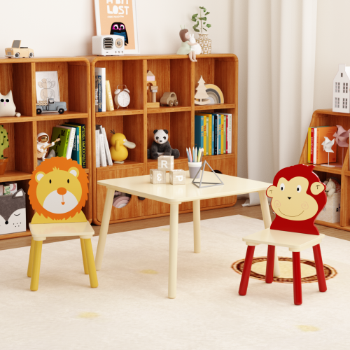 Kids Table and 2 Chairs Set, 3 Pieces Toddler Table and Chair Set, Wooden Activity Play Table Set (Lion&Monkey)、、casual