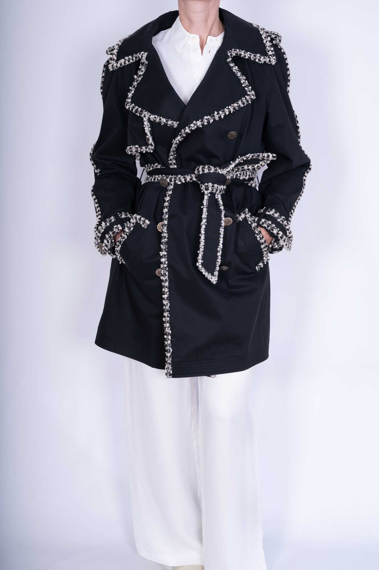 Chanel Vintage Black Trench Coat with Tweed and Chain-Link Trim Rare、mySite、garminoutage.com