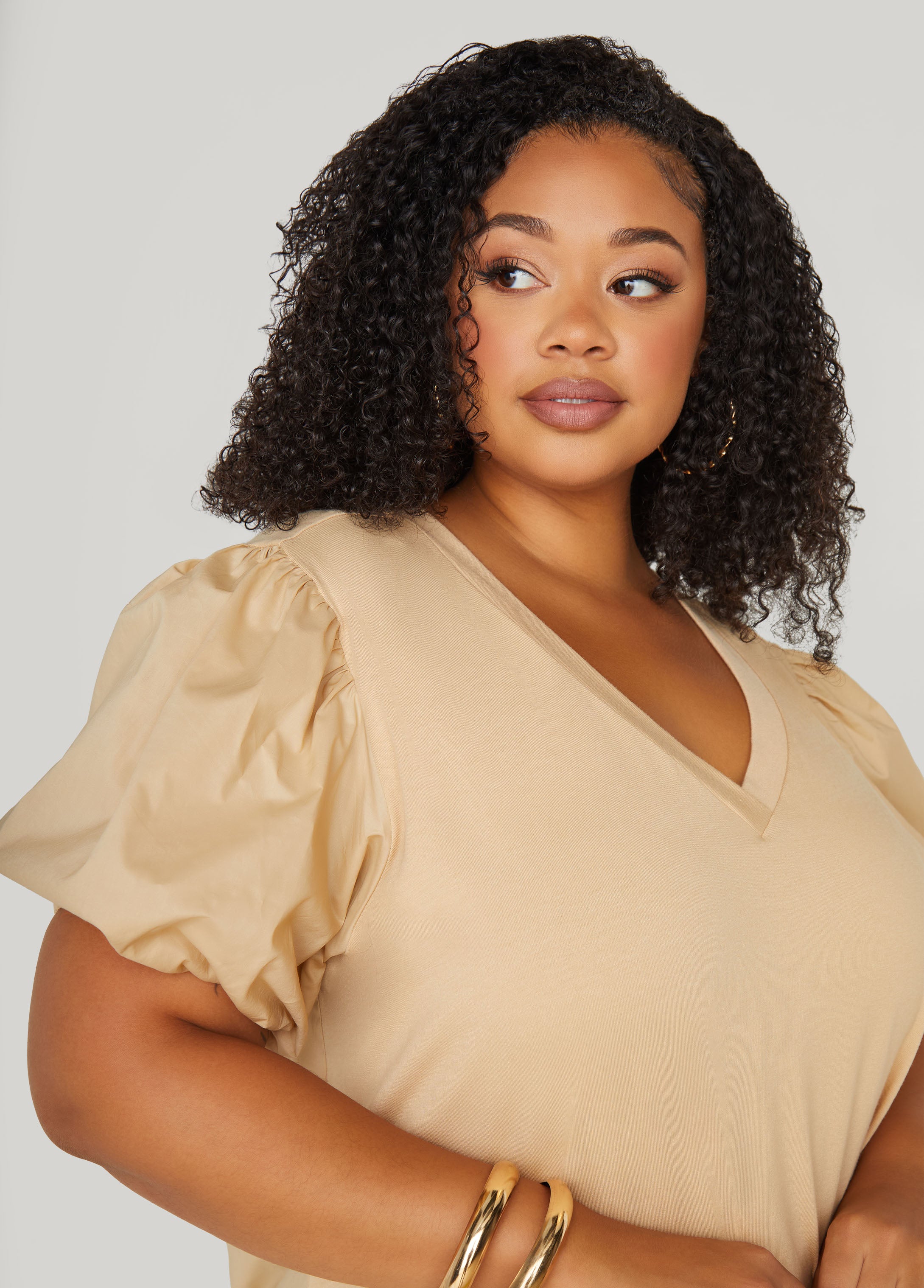 Puff Sleeve Paneled V Neck Tee、mySite、bengalsvssteelers