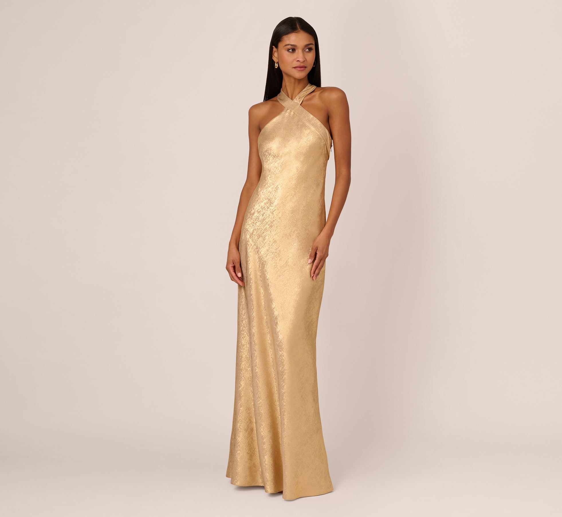 Foiled Mermaid Gown With Halter Neckline In Light Gold、mySite、solidvoid