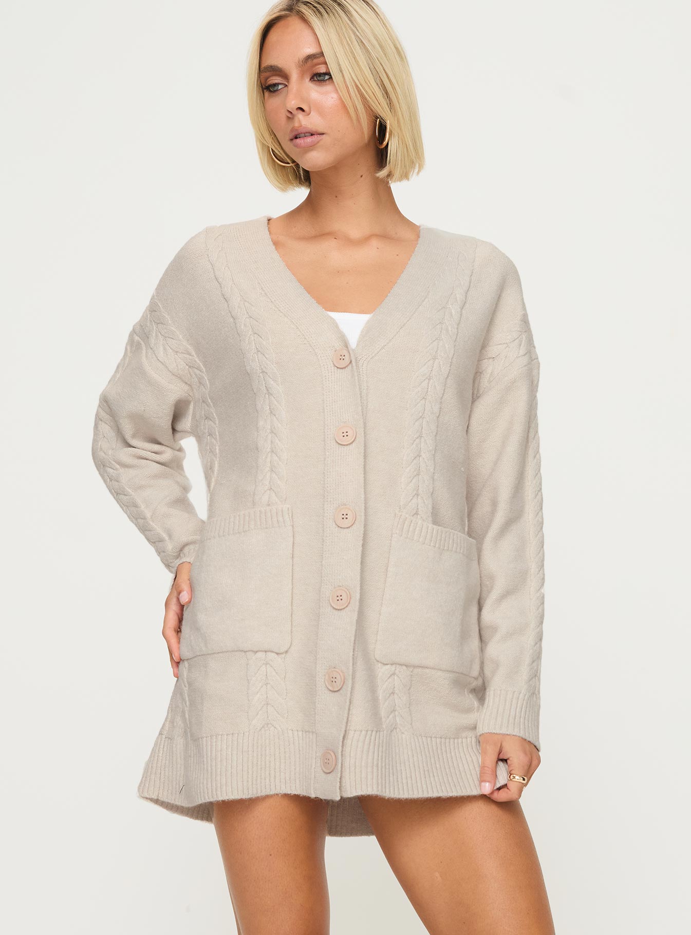 Cardi Long Sleeve Mini Dress Cream、mySite、solidvoid