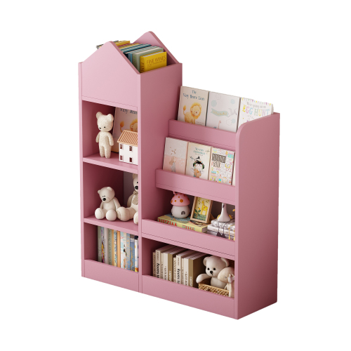 Pink Kids Wooden Bookshelf Toy Storage Organizer with Bookcase, Kid's Bin Storage Unit with 6 Compartments 2 Baskets Bins Toys Box Organizer, Children Multi Shelf Cubby for Books, Toys Shelf、、casual