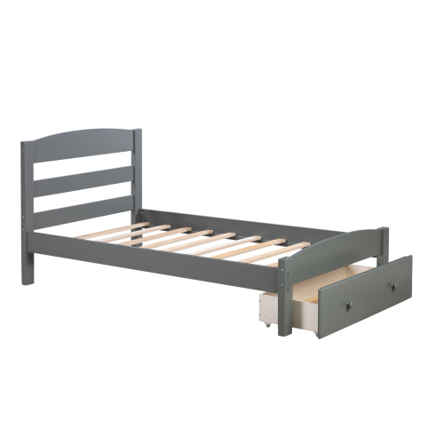 Platform Twin Bed Frame with Storage Drawer and Wood Slat Support No Box Spring Needed, White、、casual