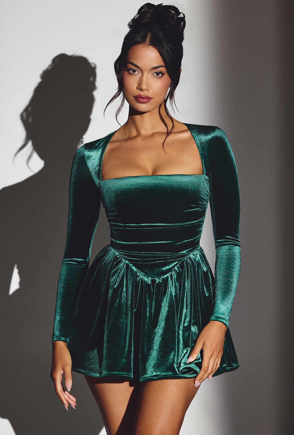 Velvet Long Sleeve Corset Mini Dress in Emerald Green、mySite、solidvoid