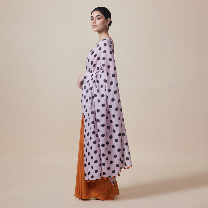 Cotton Solid Saree with Blouse | Polka Dots | Orange & Lilac、mySite、camillekostekn