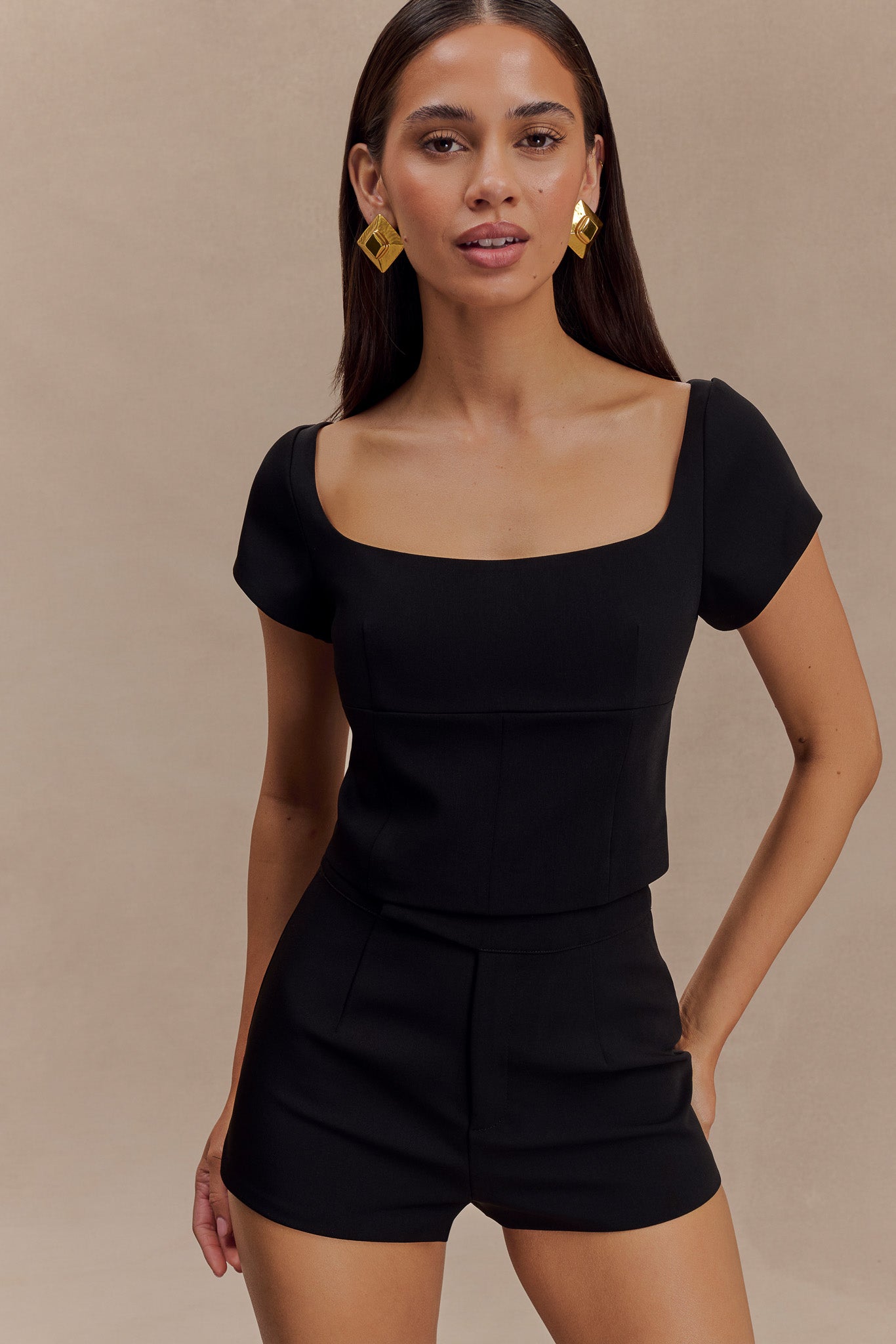 Ellis Cap Sleeve Longline Suiting Top - Black、mySite、solidvoid