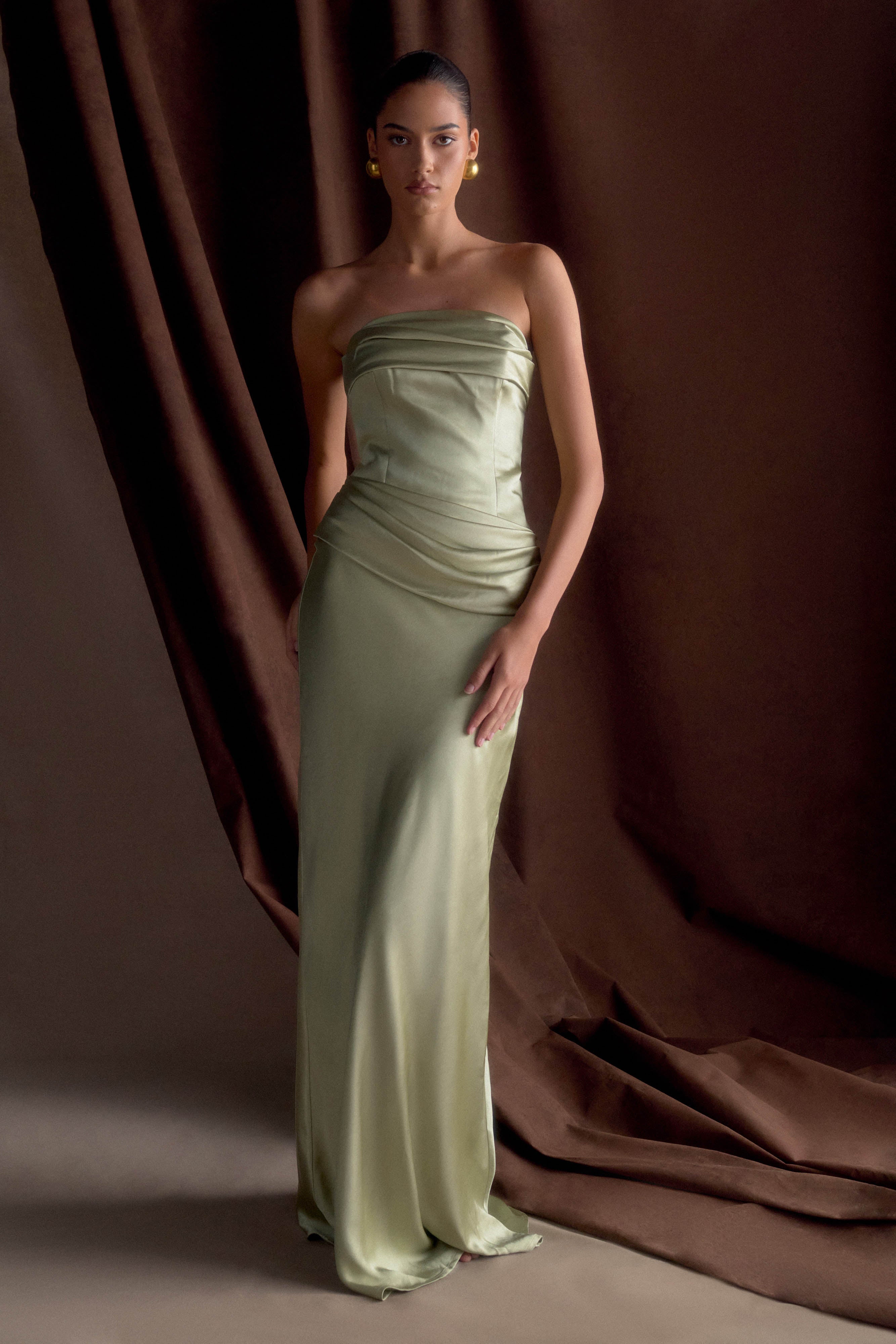 Jasmine Strapless Satin Maxi Dress - Sage、mySite、solidvoid