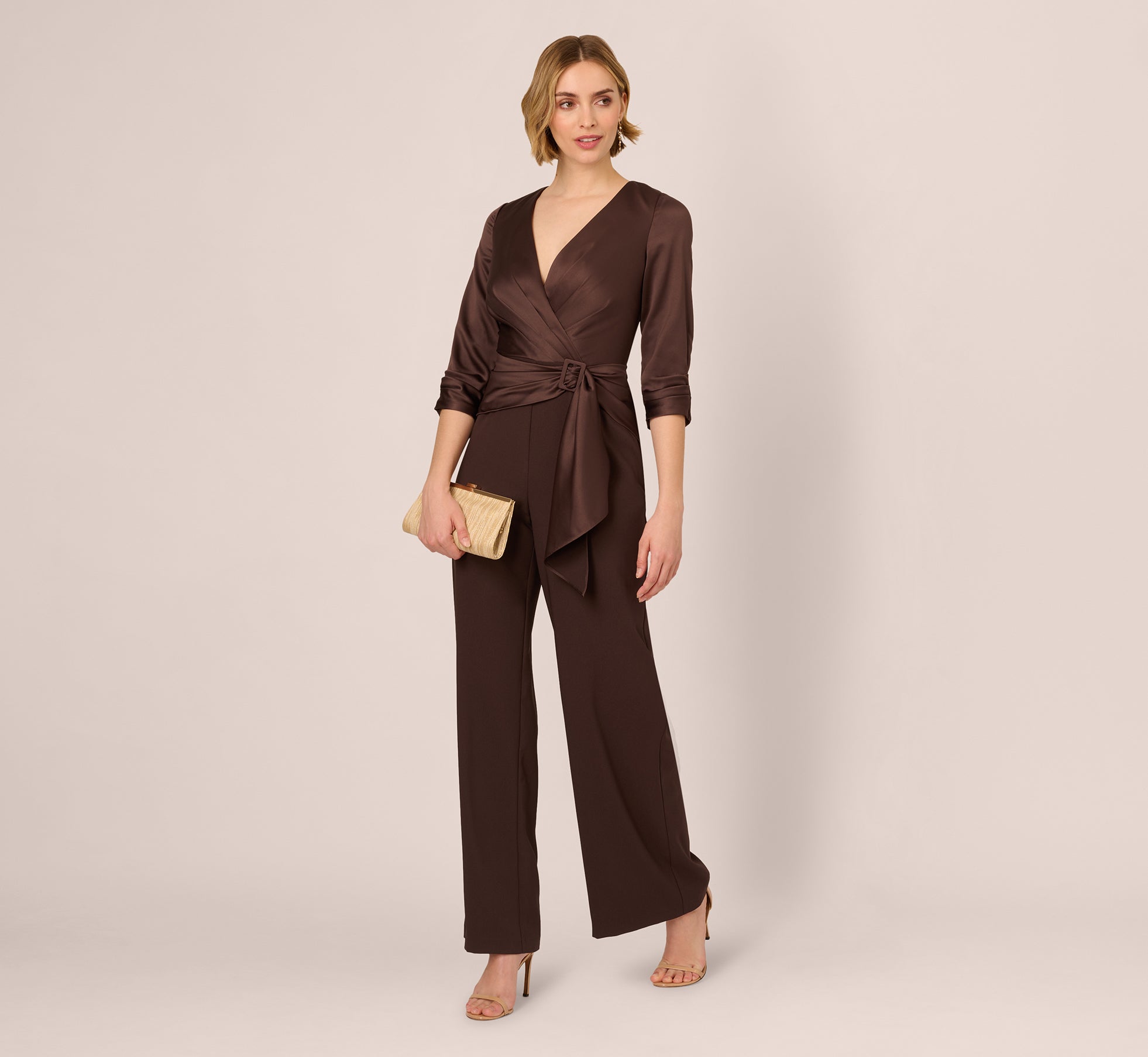 Satin Crepe Three Quarter Sleeve Jumpsuit With Buckle Waist In Dark Brown、mySite、solidvoid