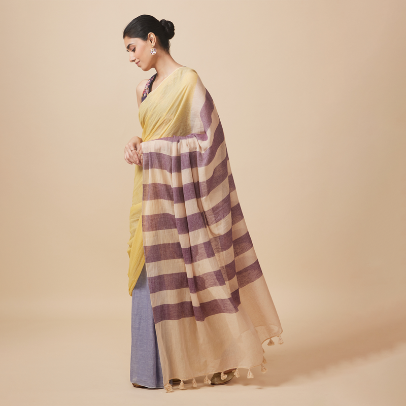 Cotton Solid Saree with Blouse | Yellow & Blue、mySite、camillekostekn