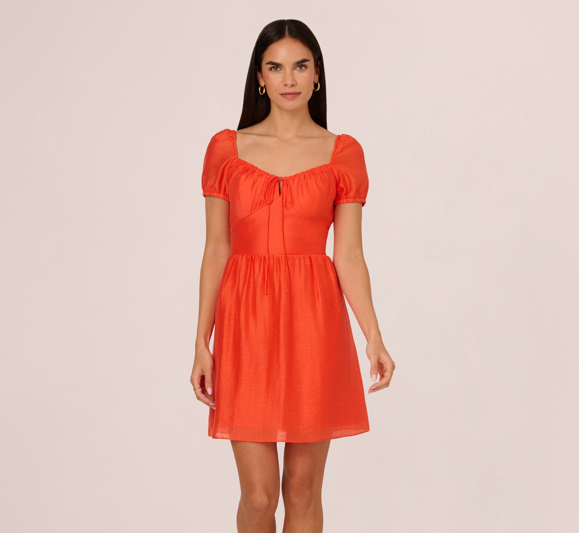 Shirred Fit And Flare Dress With Puff Short Sleeves In Orange Spice、mySite、solidvoid