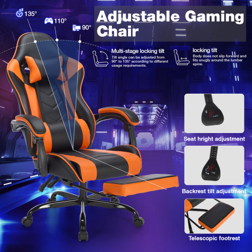 Gaming Chair with Footrest, Ergonomic Computer Chair with Headrest and Lumbar Support, Breathable Material Height Adjustable Video Game Chairs for Adults, Black Orange、、casual