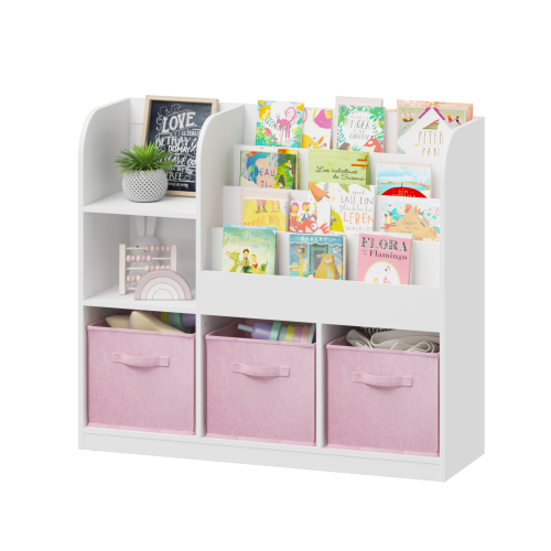 Kids Bookcase and Bookshelf, Multifunctional Bookcase with 3 Collapsible Fabric Drawers, Bookcase Display Stand, Toy Storage Organizer for Bedroom, Playroom, Hallway (White/Pink)、、casual