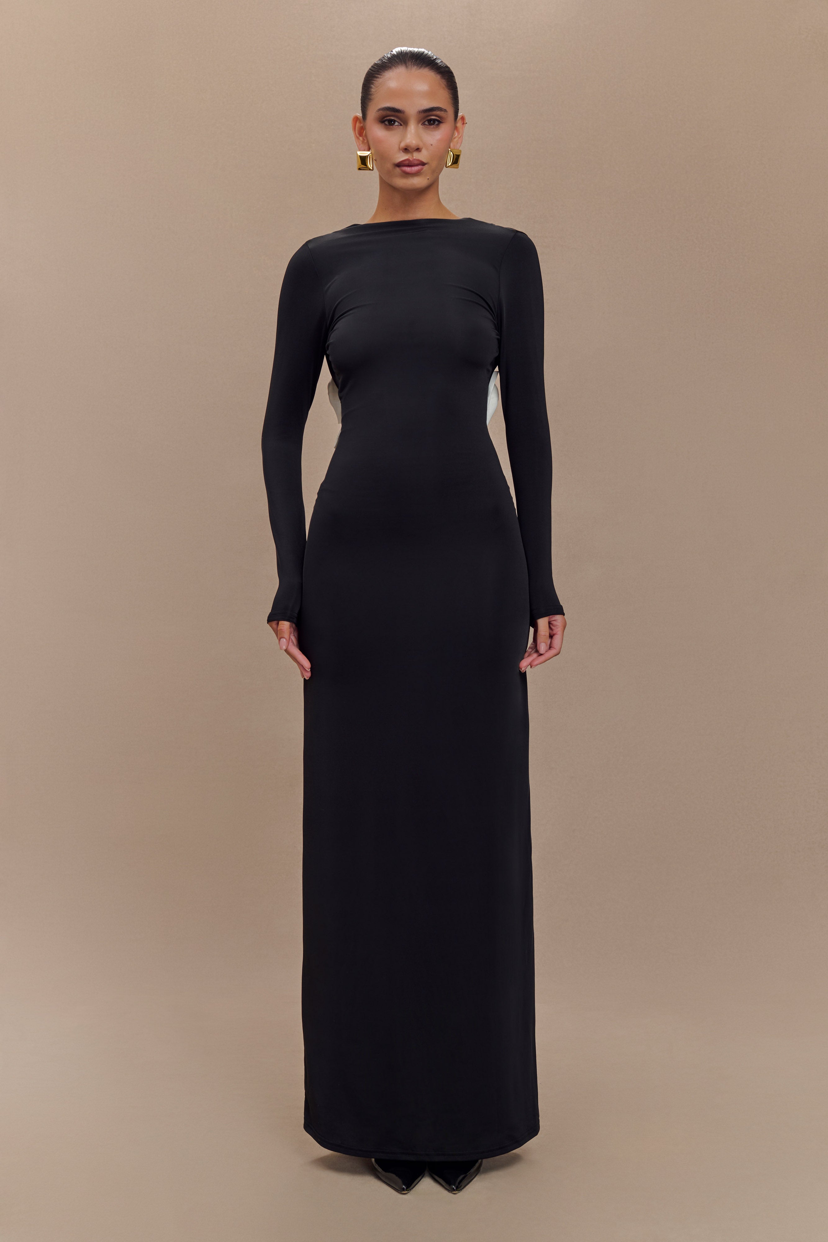 Bennett Slinky Long Sleeve Maxi Dress - Black/White、mySite、solidvoid