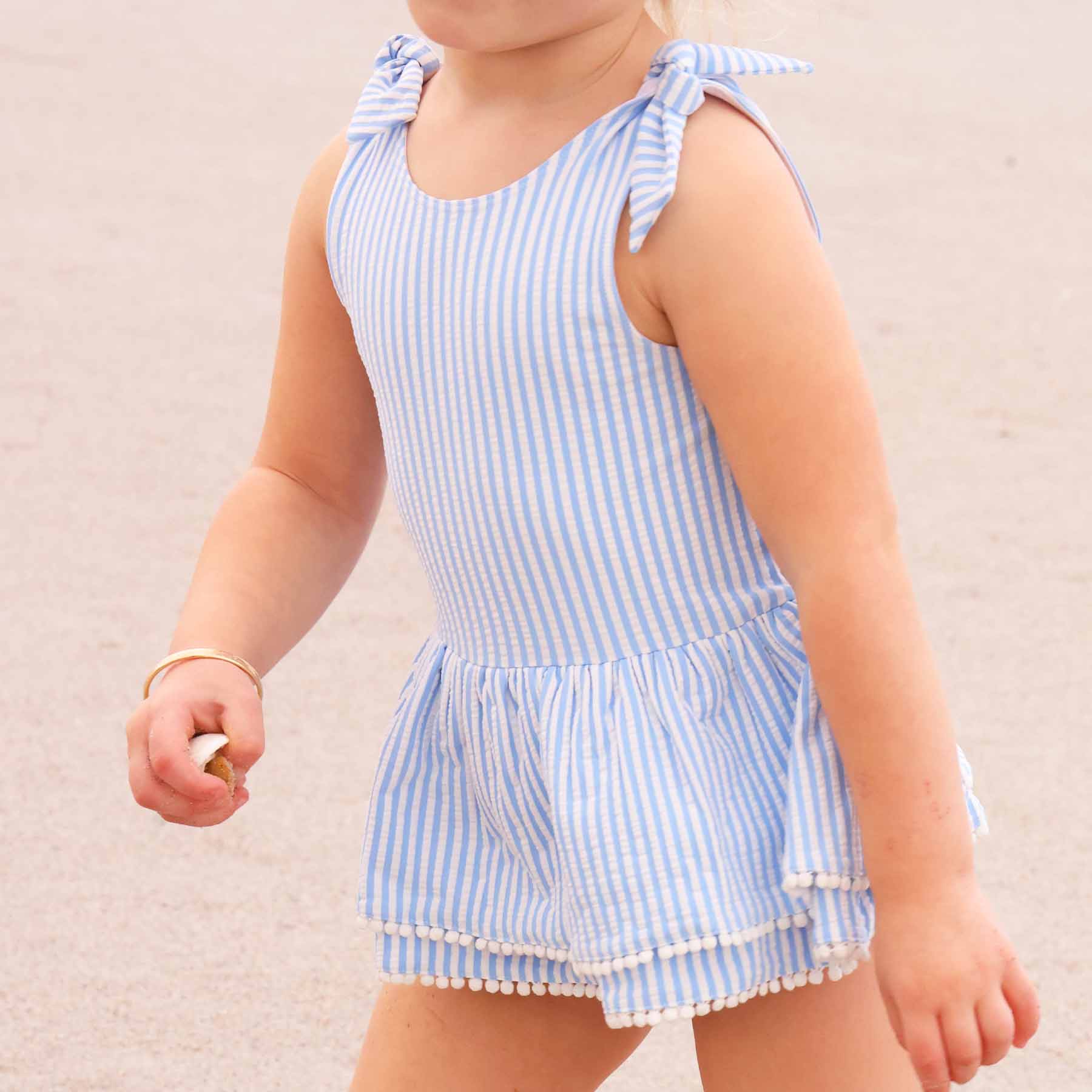  Tiered Skirt with White Pom Trim | Seersucker Blue、mySite、layawaytickets