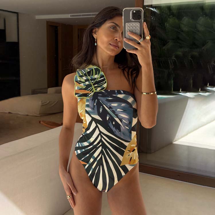 Palm Leaf One Shoulder Swimsuit、mySite、solidvoid