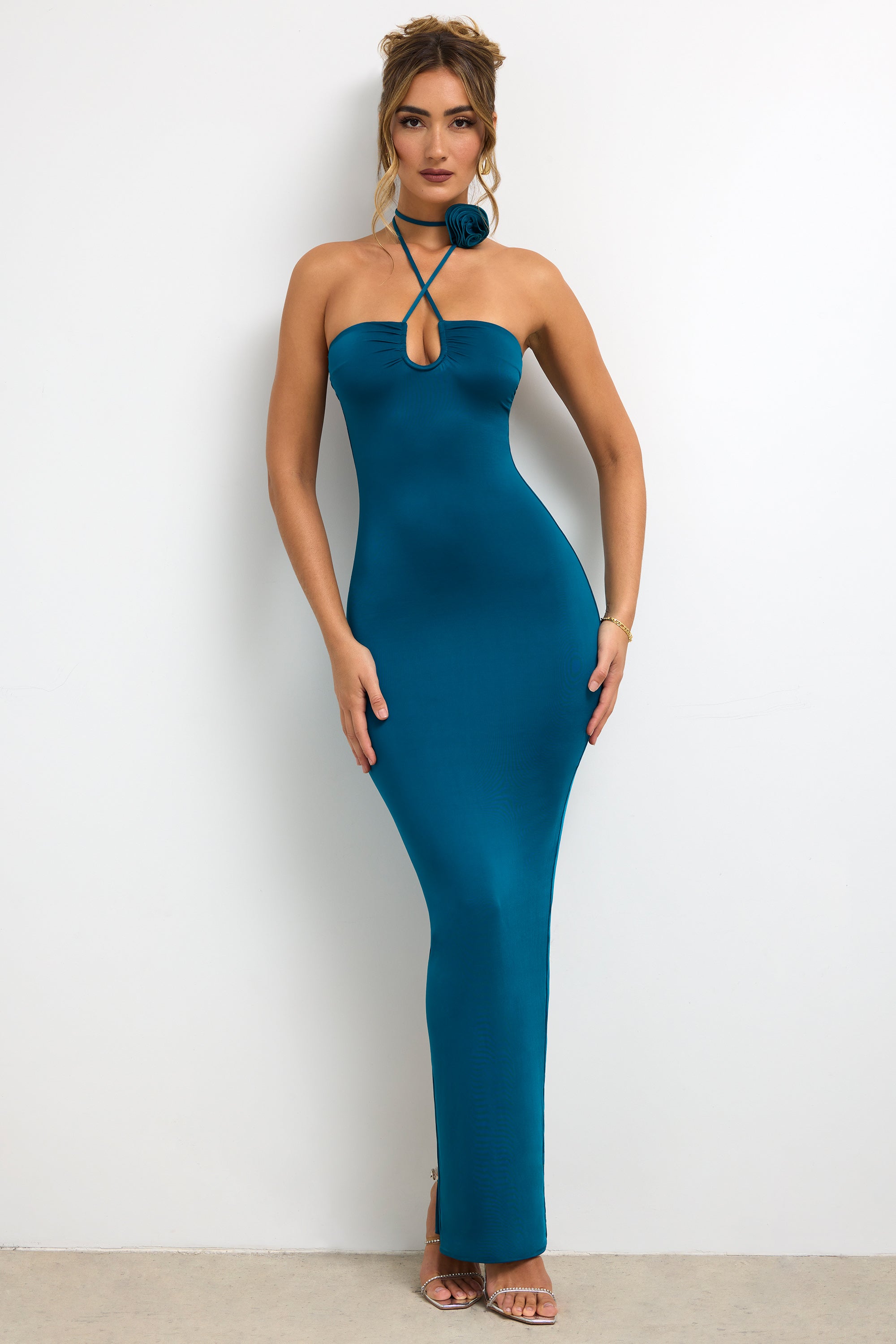 Slinky Jersey Rose Detail Halter Neck Maxi Dress in Dark Teal、mySite、solidvoid