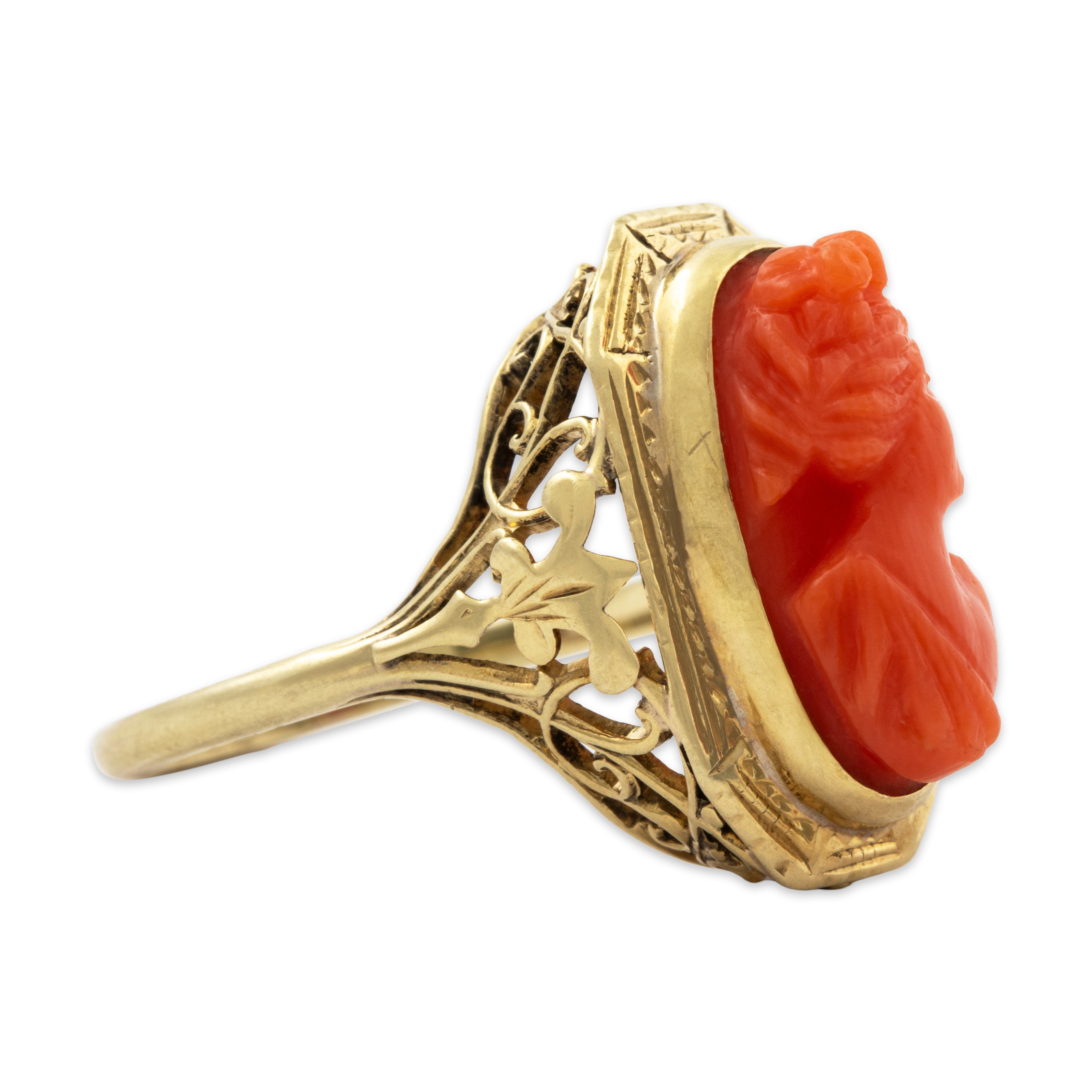 Antique 14k Yellow Gold 3.89ct Coral Openwork With Woman Cameo Ring 5.75、mySite、hinf8tx79