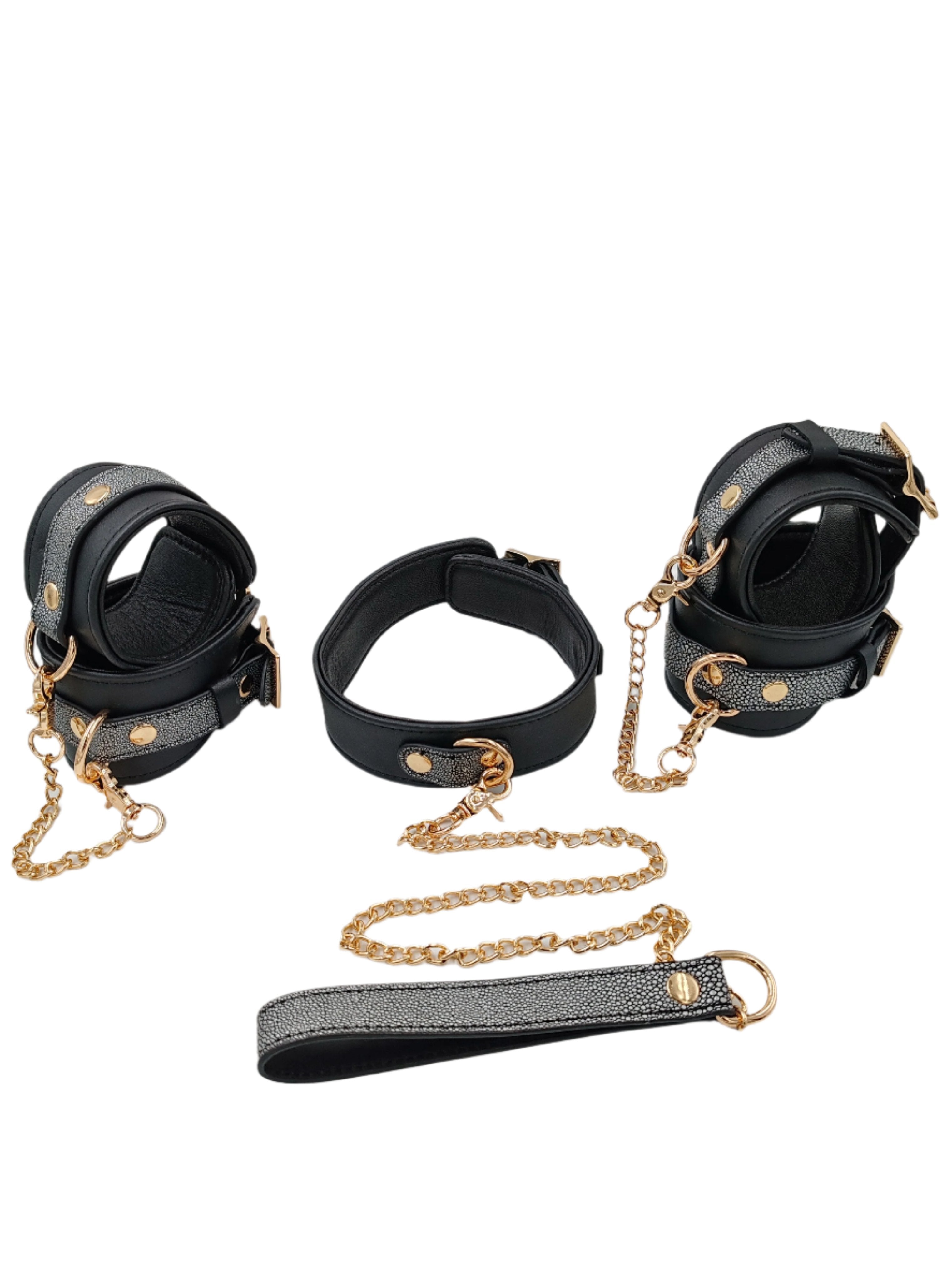 Mystim Lux 6 Piece Organic Leather Bondage Set | Wrist | Ankles | Collar | Chain、mySite、bottomscart