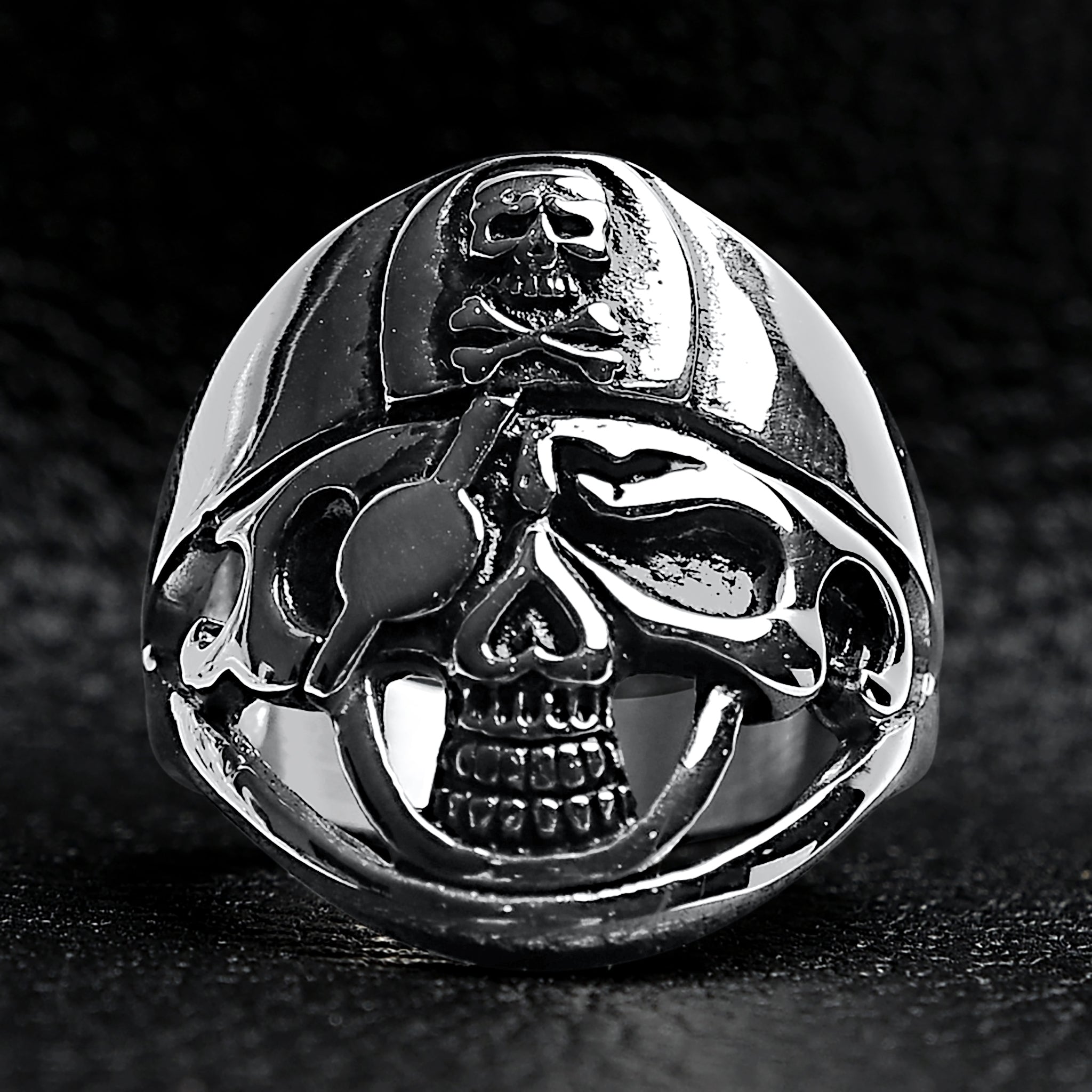 Detailed Eye Patch Skull With Skull Hat Stainless Steel Ring / SCR4028、mySite、dreamappss