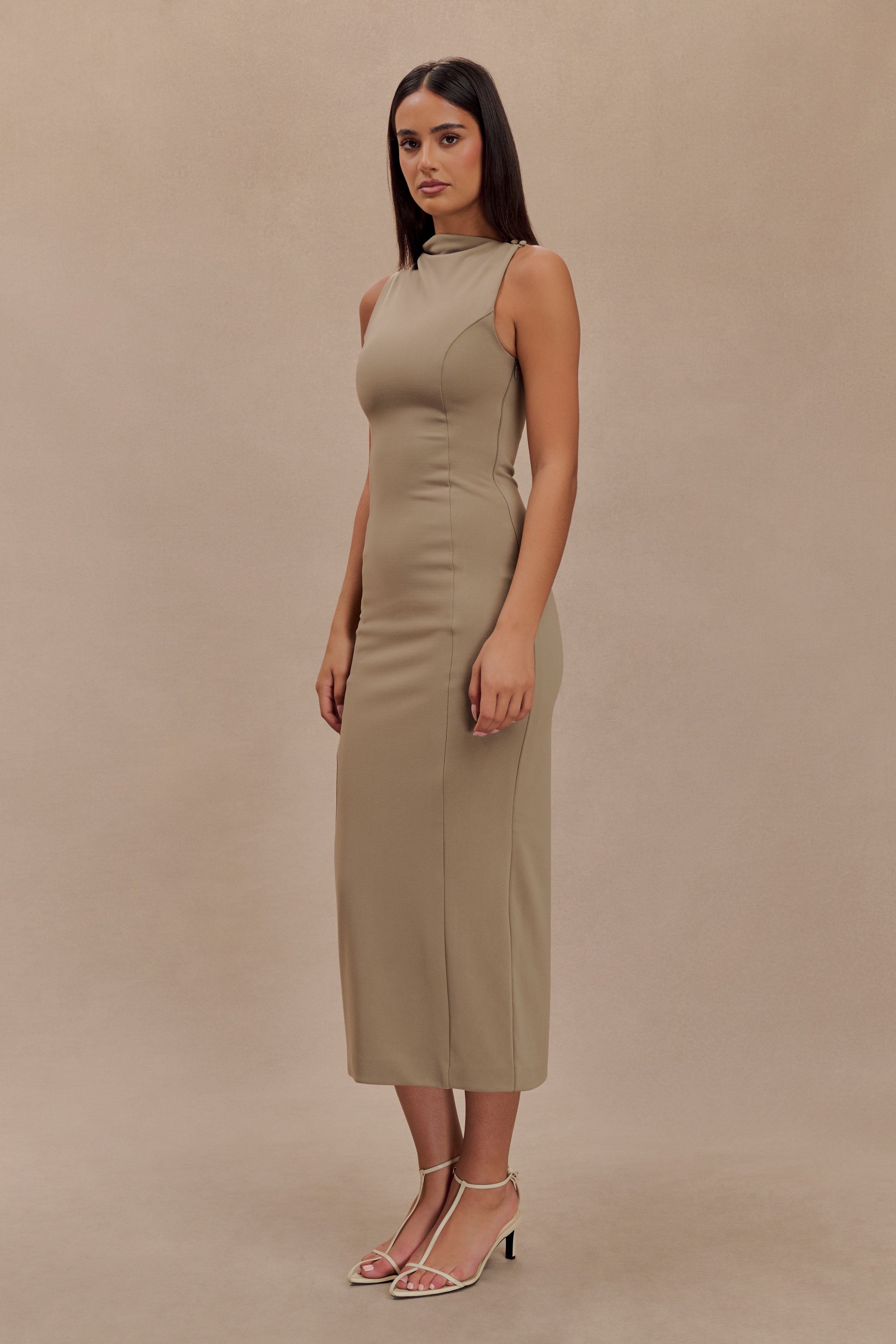 Taylor Draped Stretch Crepe Midi Dress - Mushroom、mySite、solidvoid