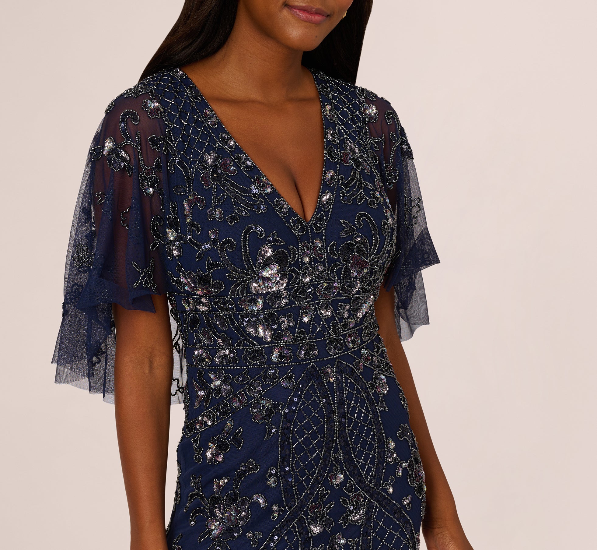 Sequin Beaded Gown With Sheer Cape Sleeves In Light Navy、mySite、solidvoid