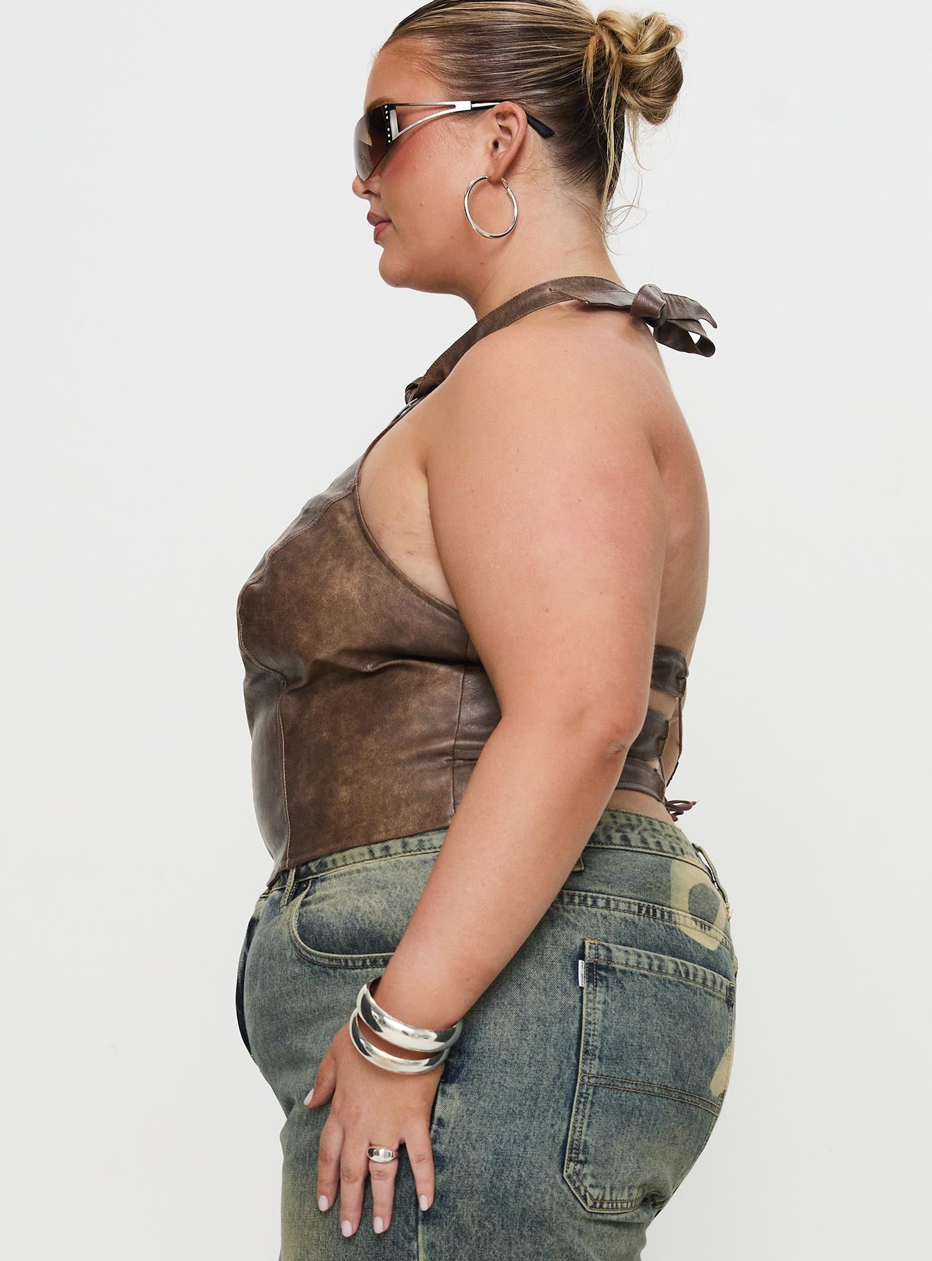 Treat You Better Ring Detail Faux Leather Top Brown Curve、mySite、solidvoid