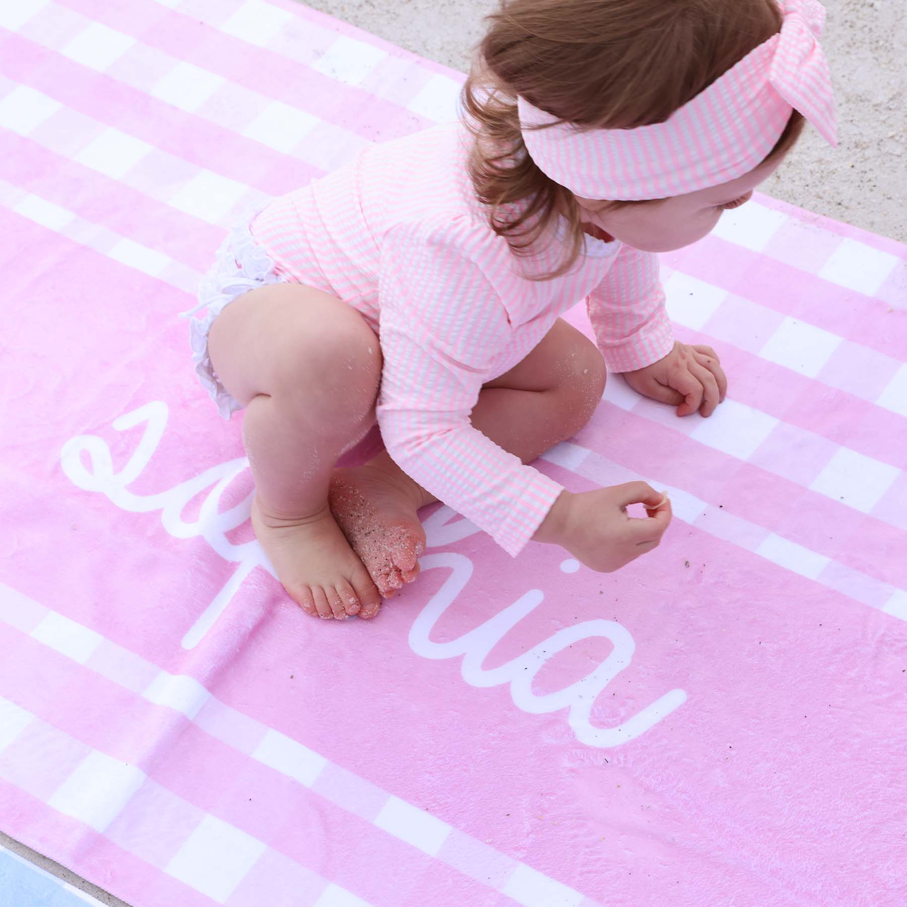  Pink Seersucker Personalized Kids Beach Towel、mySite、layawaytickets