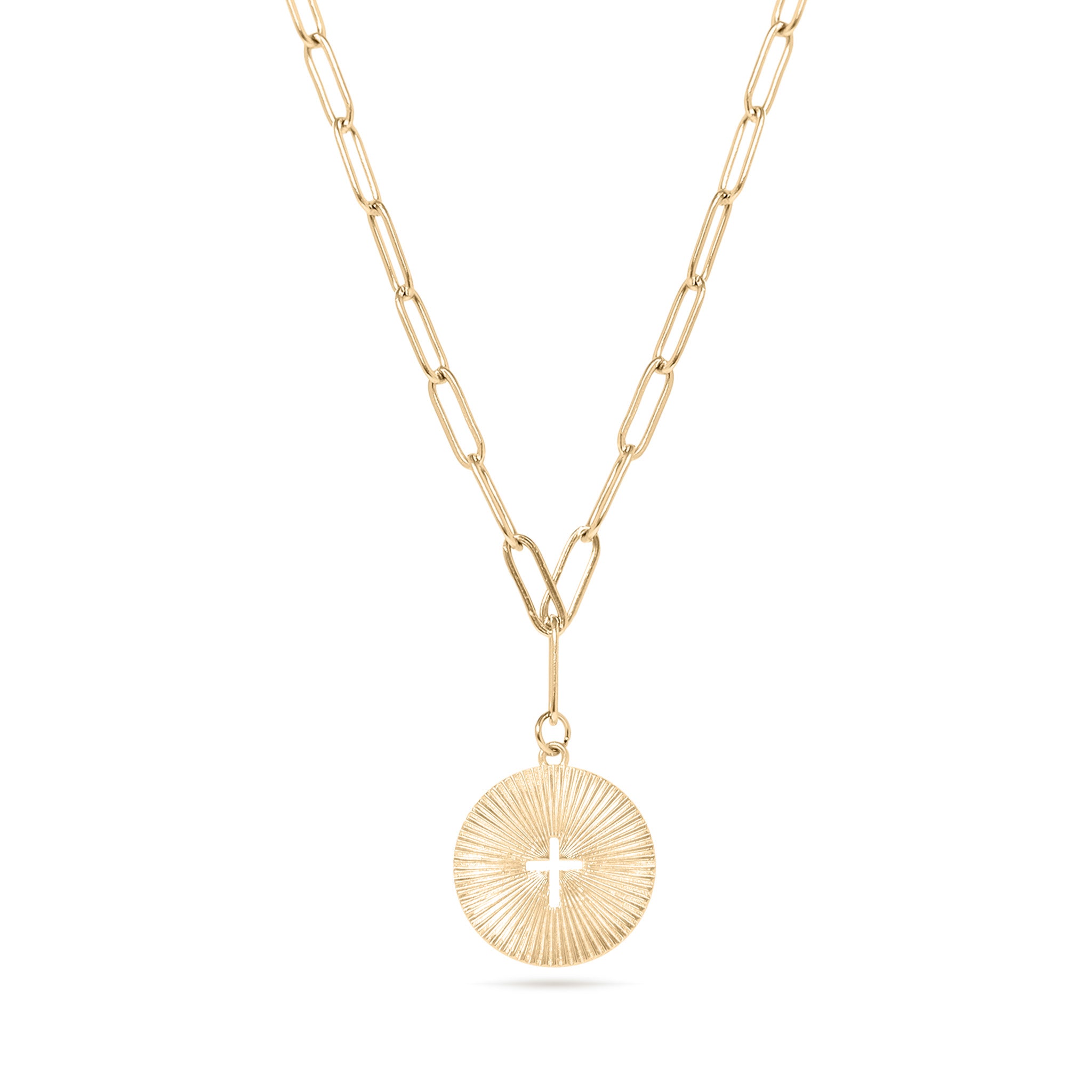 18K Gold PVD Stainless Steel Sunburst Cross Paperclip Pendant Necklace / CHN9968、mySite、dreamappss