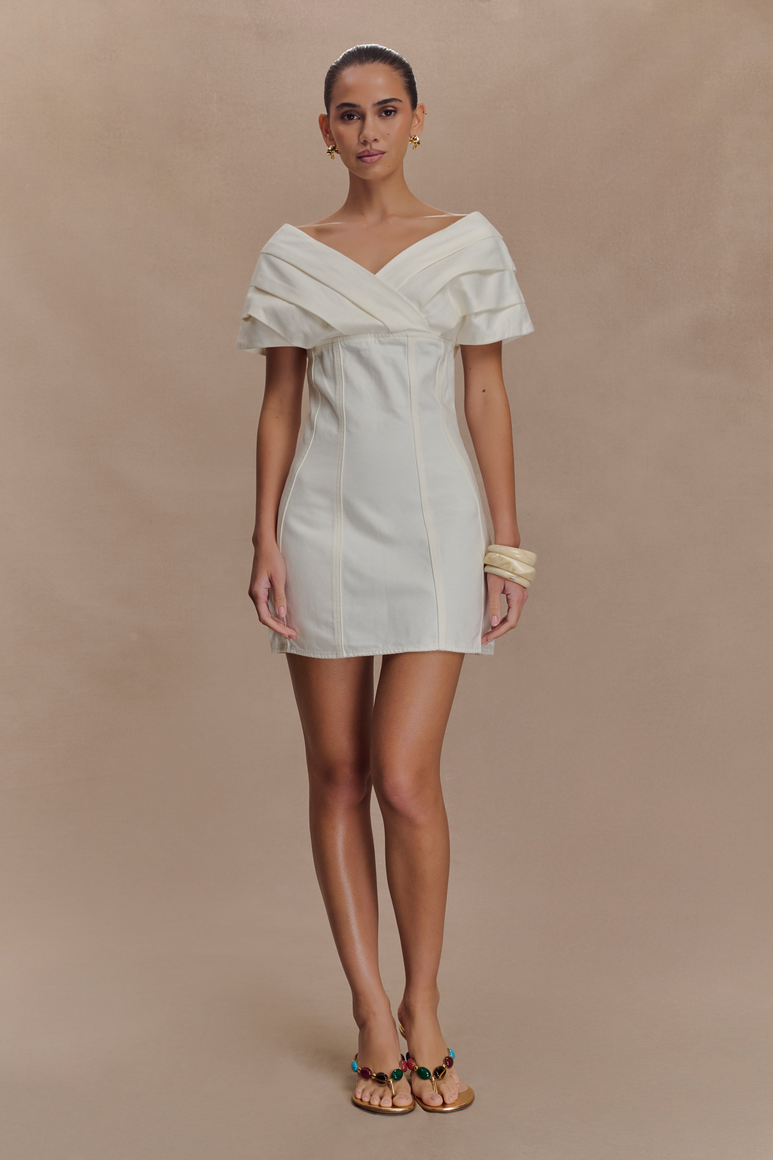 Pascale Off Shoulder Denim Mini Dress - White、mySite、solidvoid