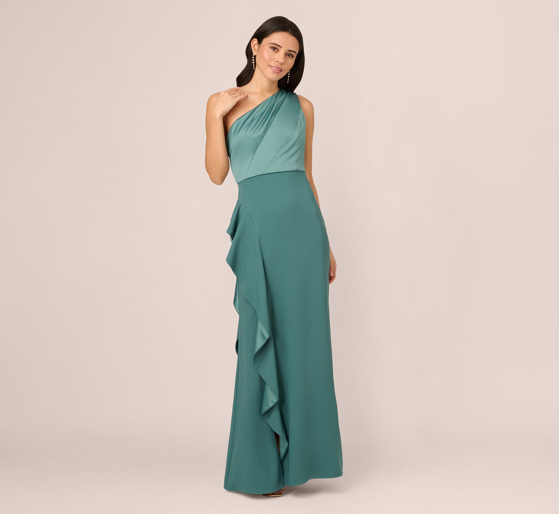 One-Shoulder Long Satin Crepe Mermaid Gown In Green Slate、mySite、solidvoid