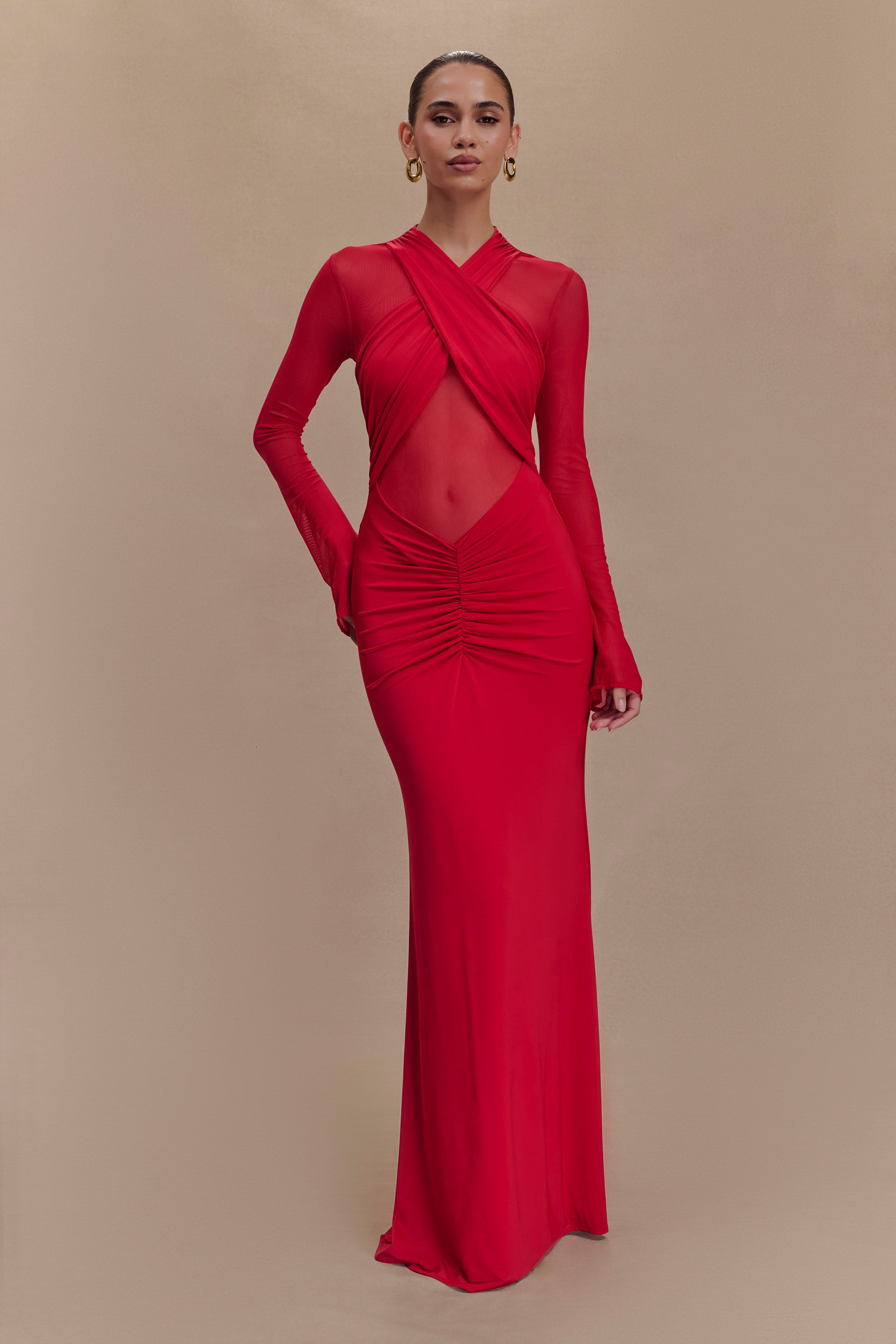 Tania Slinky And Mesh Long Sleeve Maxi Dress - Ruby、mySite、solidvoid