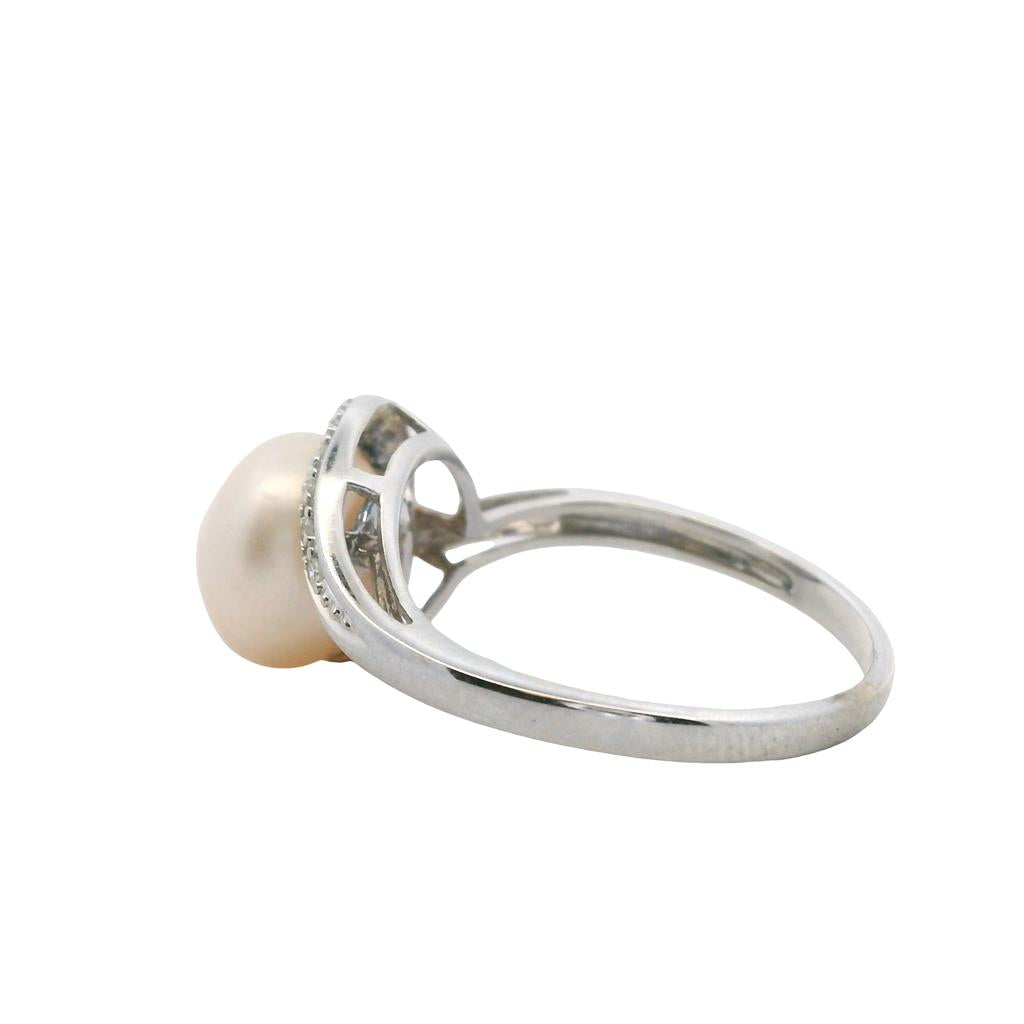 Estate 10K White Gold 9mm Freshwater Pearl & Diamond Bypass Ring、mySite、botmansion
