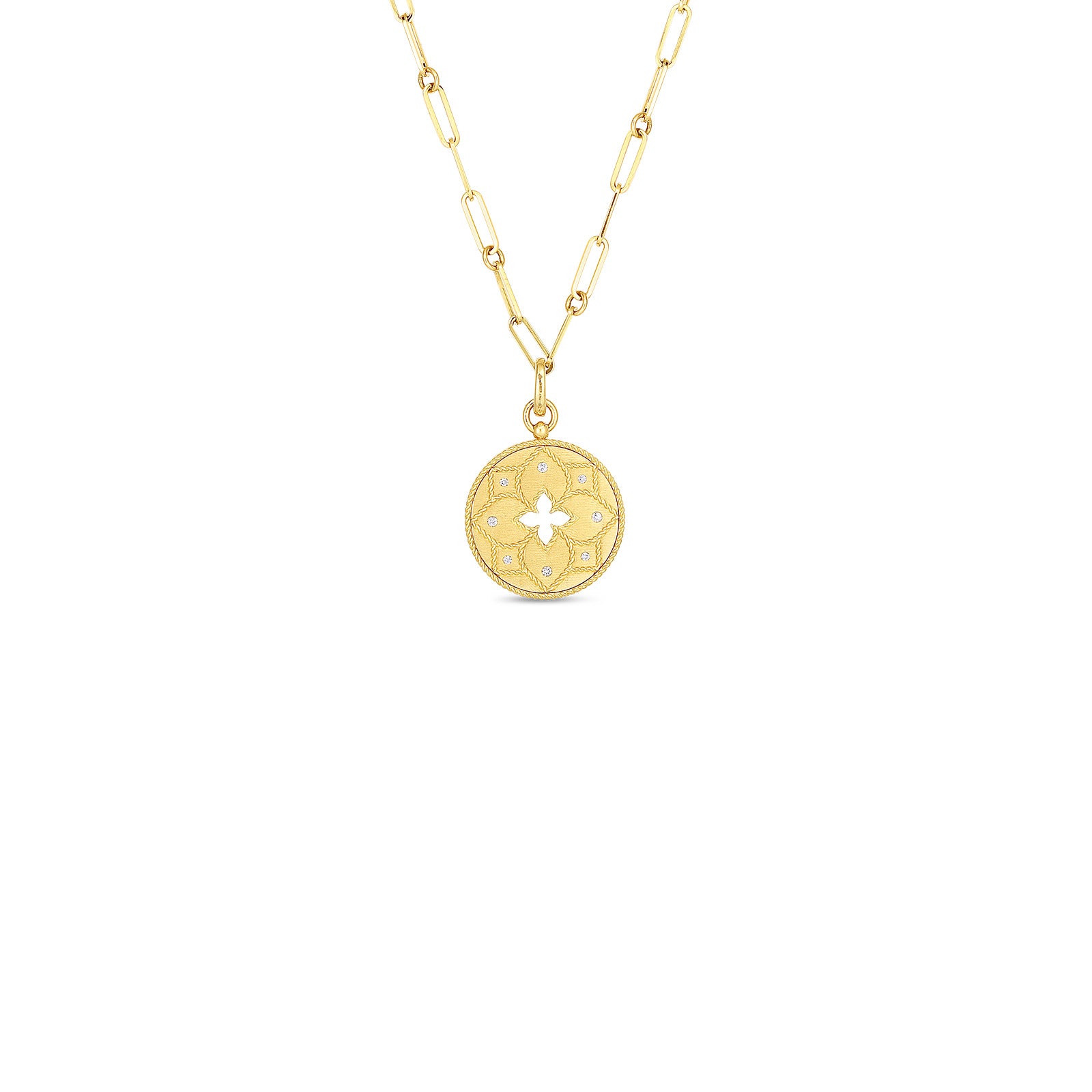18K Venetian Princess Satin Medallion With Flower Cutout & Diamond Accent On Chain - 18K Yellow Gold、mySite、hinf8tx79