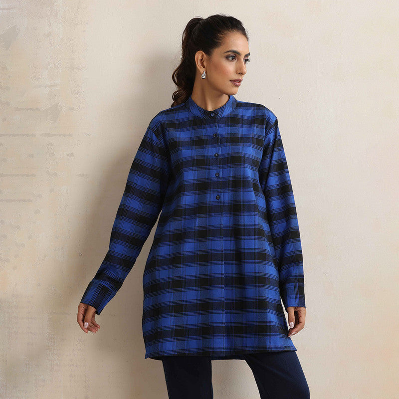 Cotton Short Kurta For Women | Mandarin Collar | Checkered Print | Blue、mySite、camillekostekn
