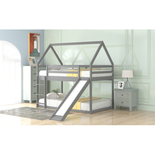 Twin Size Bunk House Bed with Slide and Ladder,Gray、、casual