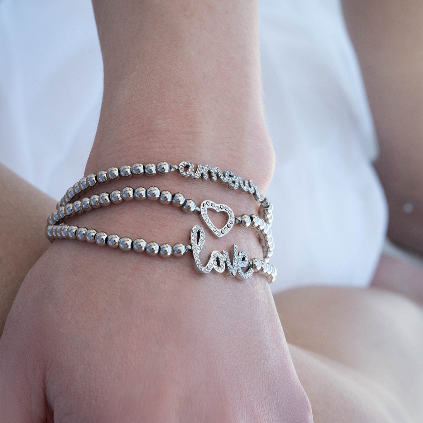 18K Gold PVD Stainless Steel Stone Heart Metal Beaded Stretch Bracelet / BRJ1016、mySite、dreamappss