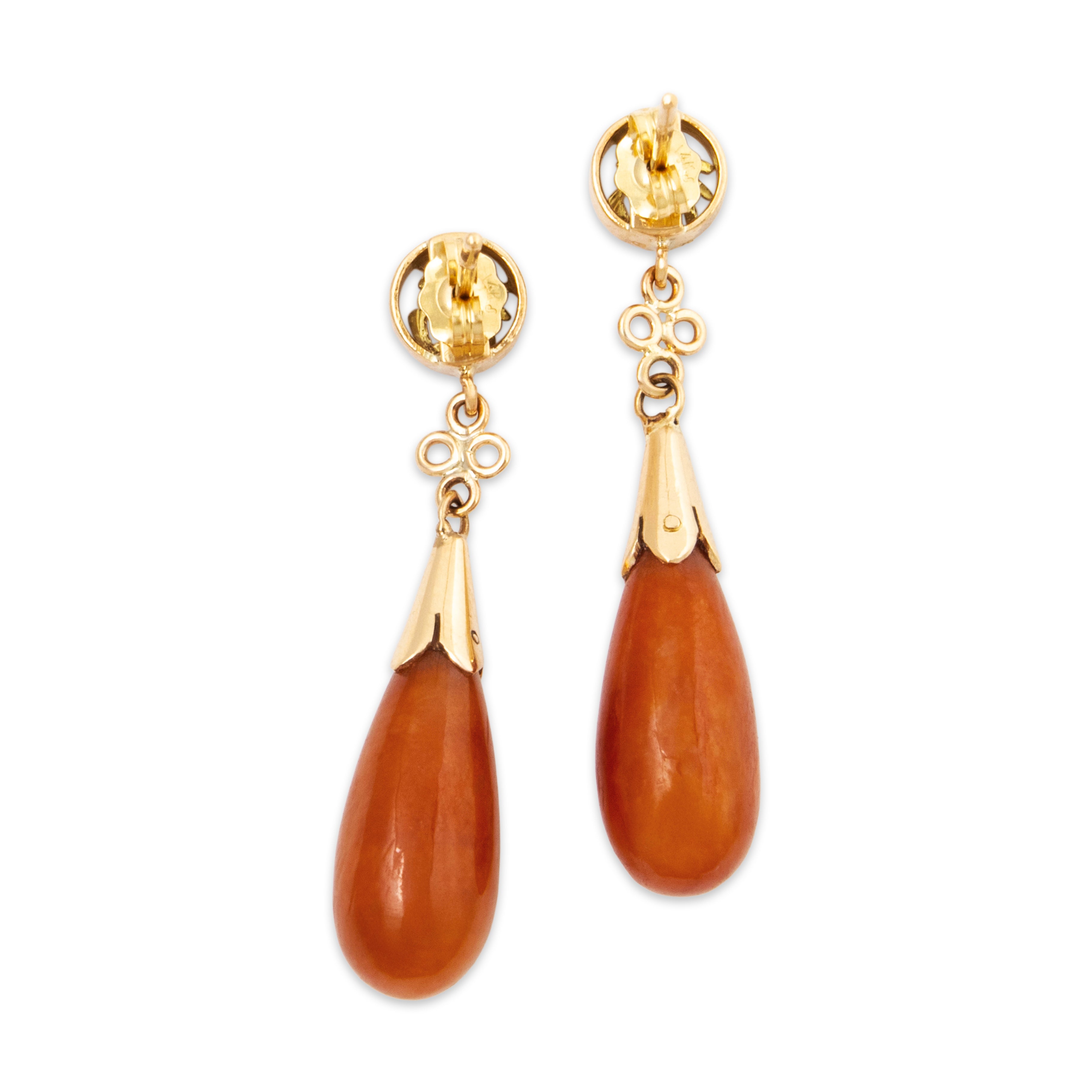 Vintage 14k Yellow Gold 12cttw Orange Jade Dangle Earrings、mySite、hinf8tx79