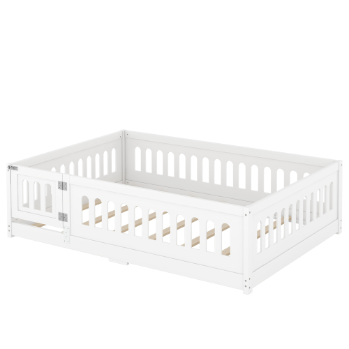 Twin Size Floor Bed with Heightened Safety Guardrails and Door, Solid Wood Bedframe with Rails for Girls, Boys, Teens, Child Bedroom, Kids Playroom, No Slats Included, White、、casual