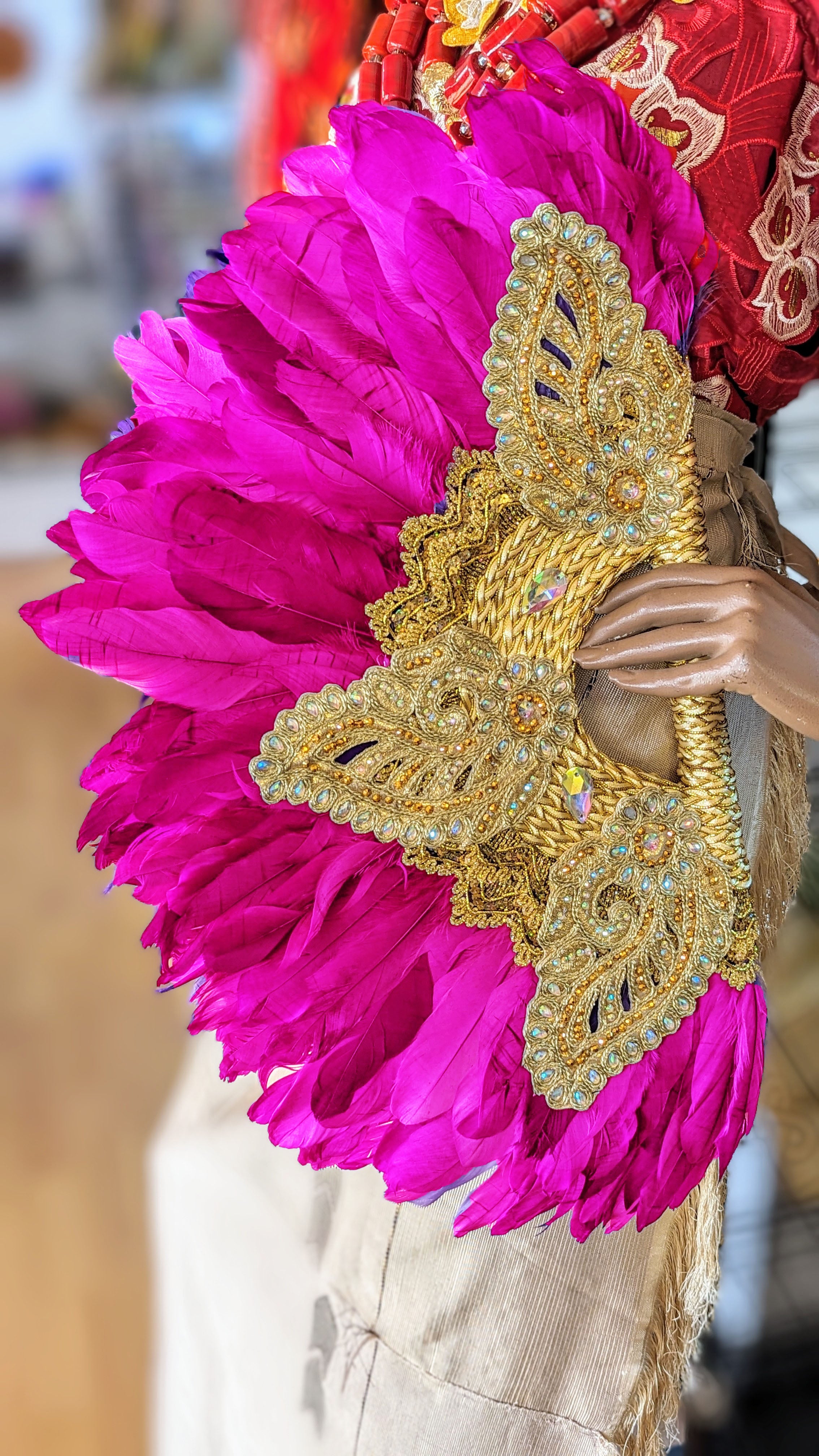 Dupsie's Ezinne Elegance Fuchsia Pink Nigerian African Wedding Feather Fan DPFFFPG46、mySite、solidvoid