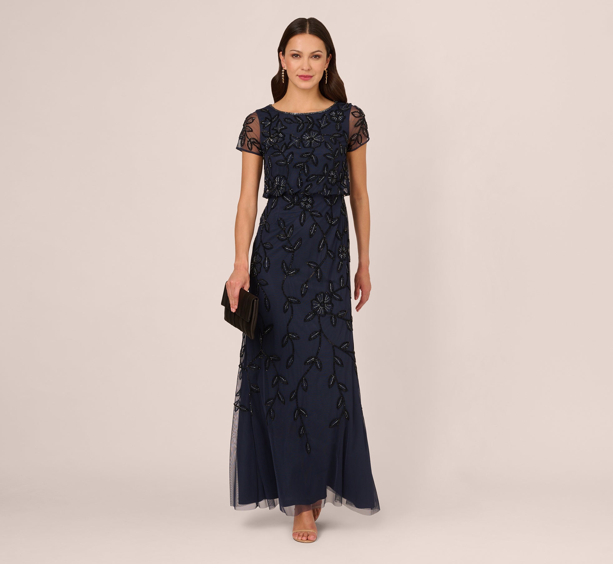 Jasmine Beaded Blouson Gown With Sheer Short Sleeves In Navy Black、mySite、solidvoid