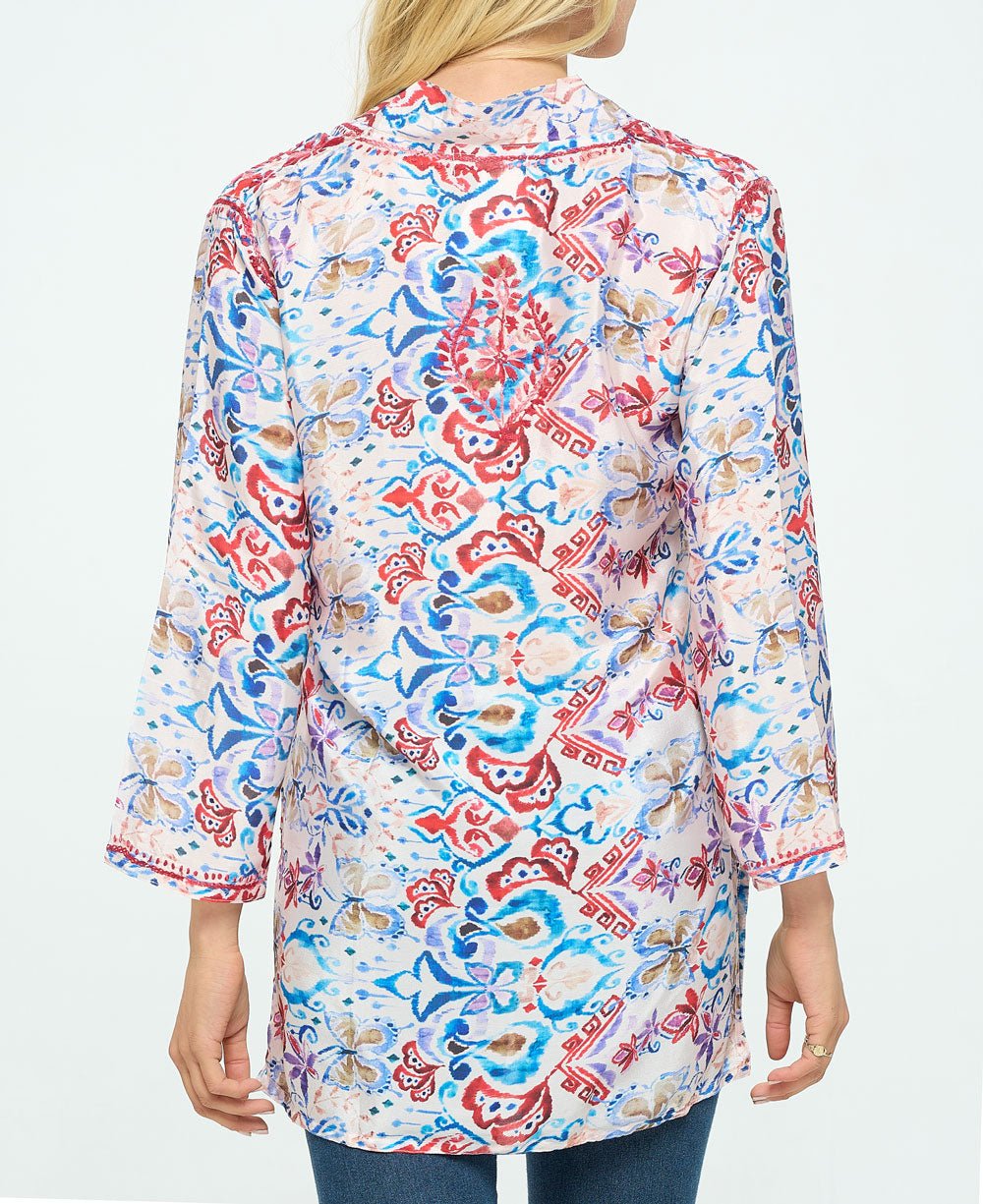 Red Embroidered Printed V Neck Tunic Top、mySite、topwebapps
