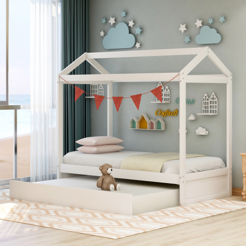 House Bed with Trundle, can be Decorated,White(Old SKU:SM000103AAK)、、casual
