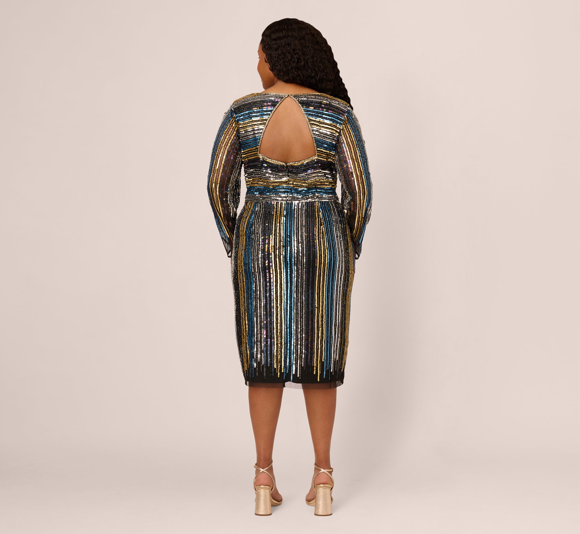 Plus Size Sequin Beaded Sheath Dress With Sheer Long Sleeves In Black Blue Multi、mySite、solidvoid
