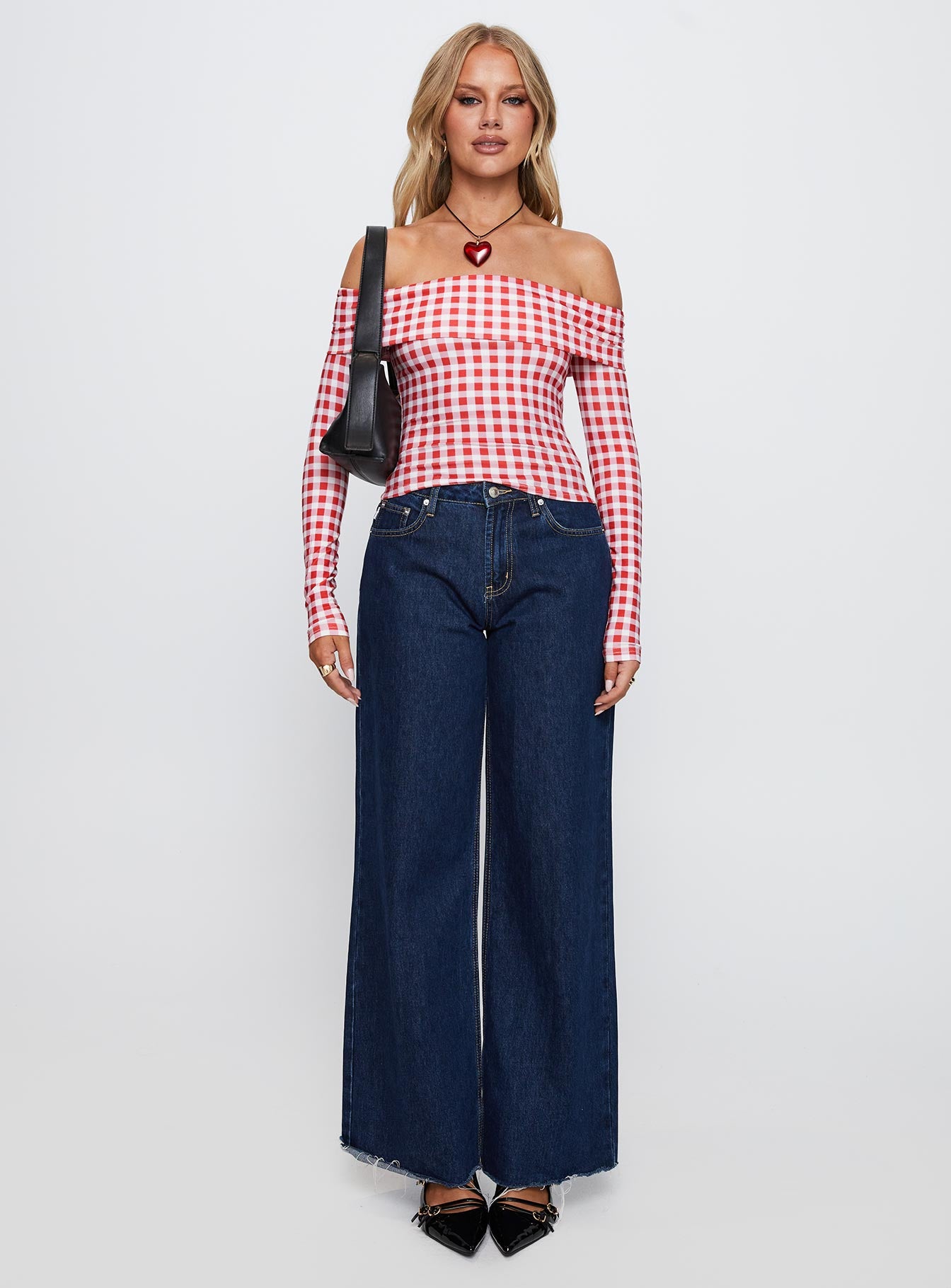 Singular Off The Shoulder Long Sleeve Top Red Check、mySite、solidvoid